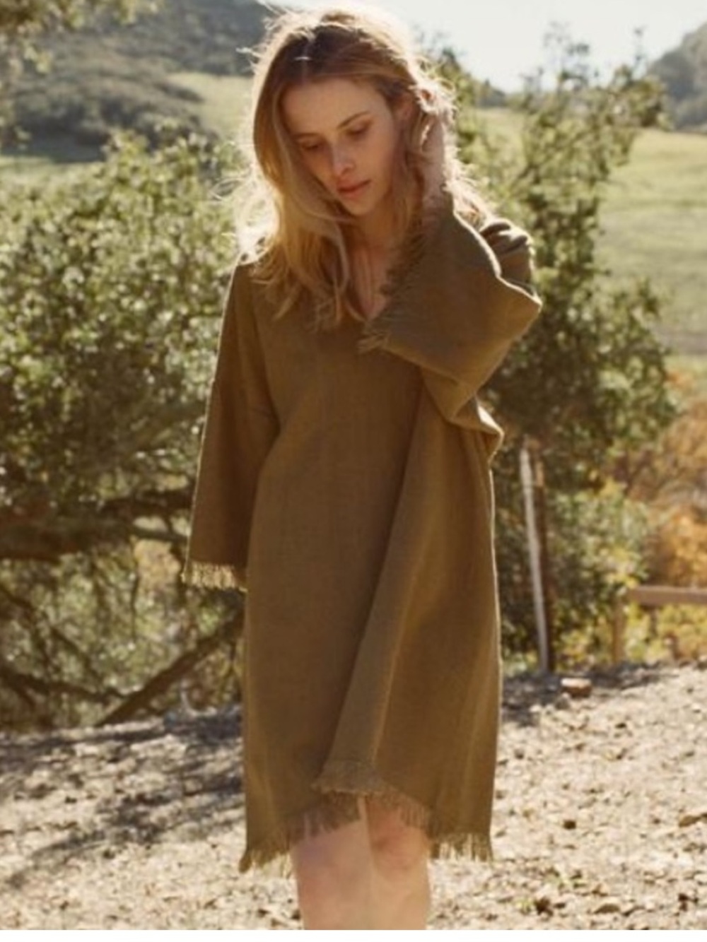 Doen Tate Tunic Dress Raw Silk Oil Lichen Green M